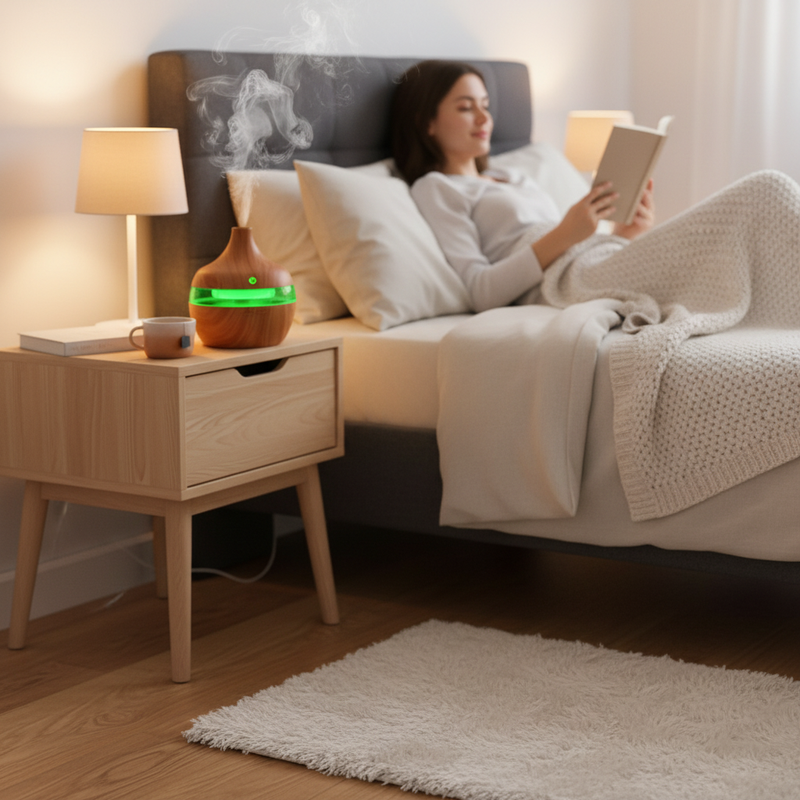 Lumaire humidifier creating peaceful bedroom atmosphere